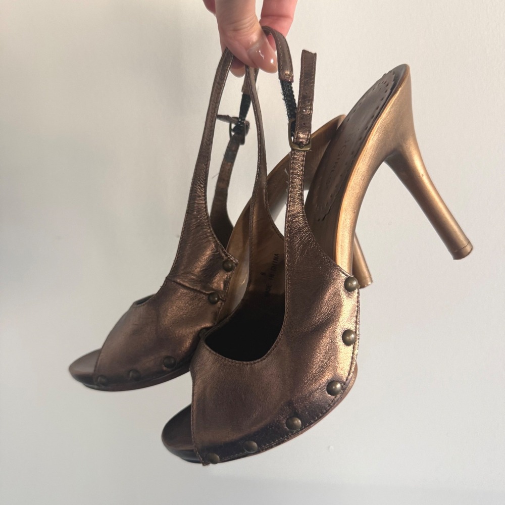Y2K BCBG Slingback Heels Studded Metallic Bronze Peep Toe Stiletto Platform 8